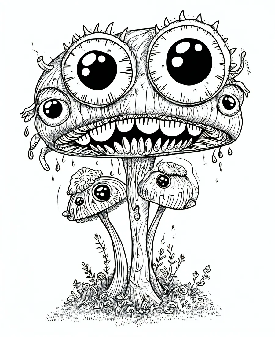 Eye mushroom creatures coloring page