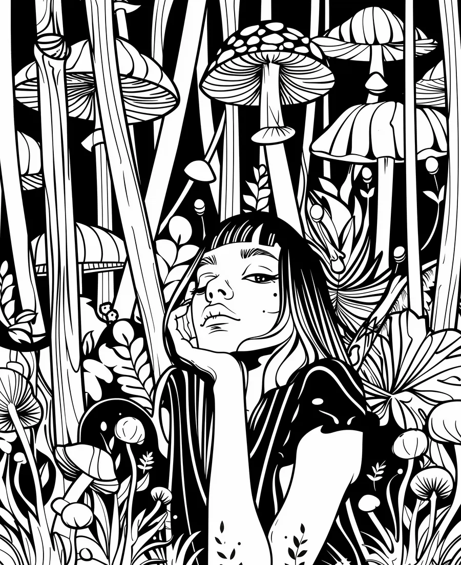 Girl in a mushroom forest coloring page