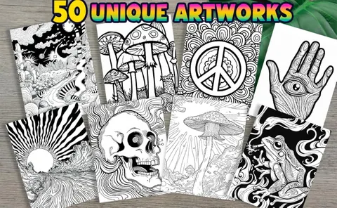 Eight trippy coloring pages fanned on a table — mushrooms, peace sign, frog, skull