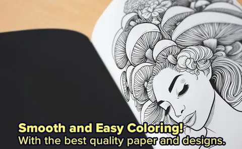 Close-up of a mushroom-hair portrait on smooth coloring paper with a black reverse page