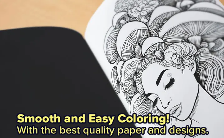 Close-up of a mushroom-hair portrait on smooth coloring paper with a black reverse page