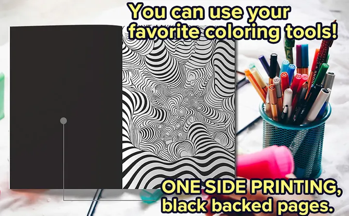 Open coloring book next to a cup of markers — one-side printing, black-backed pages